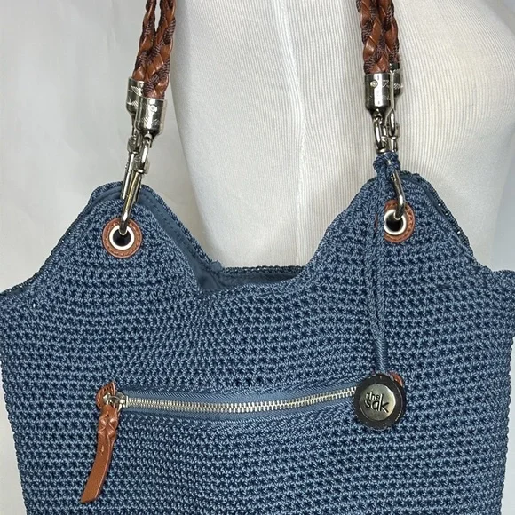 The Sak Blue Hand Crochet Bag with Brown Woven Straps - Picture 3 of 14